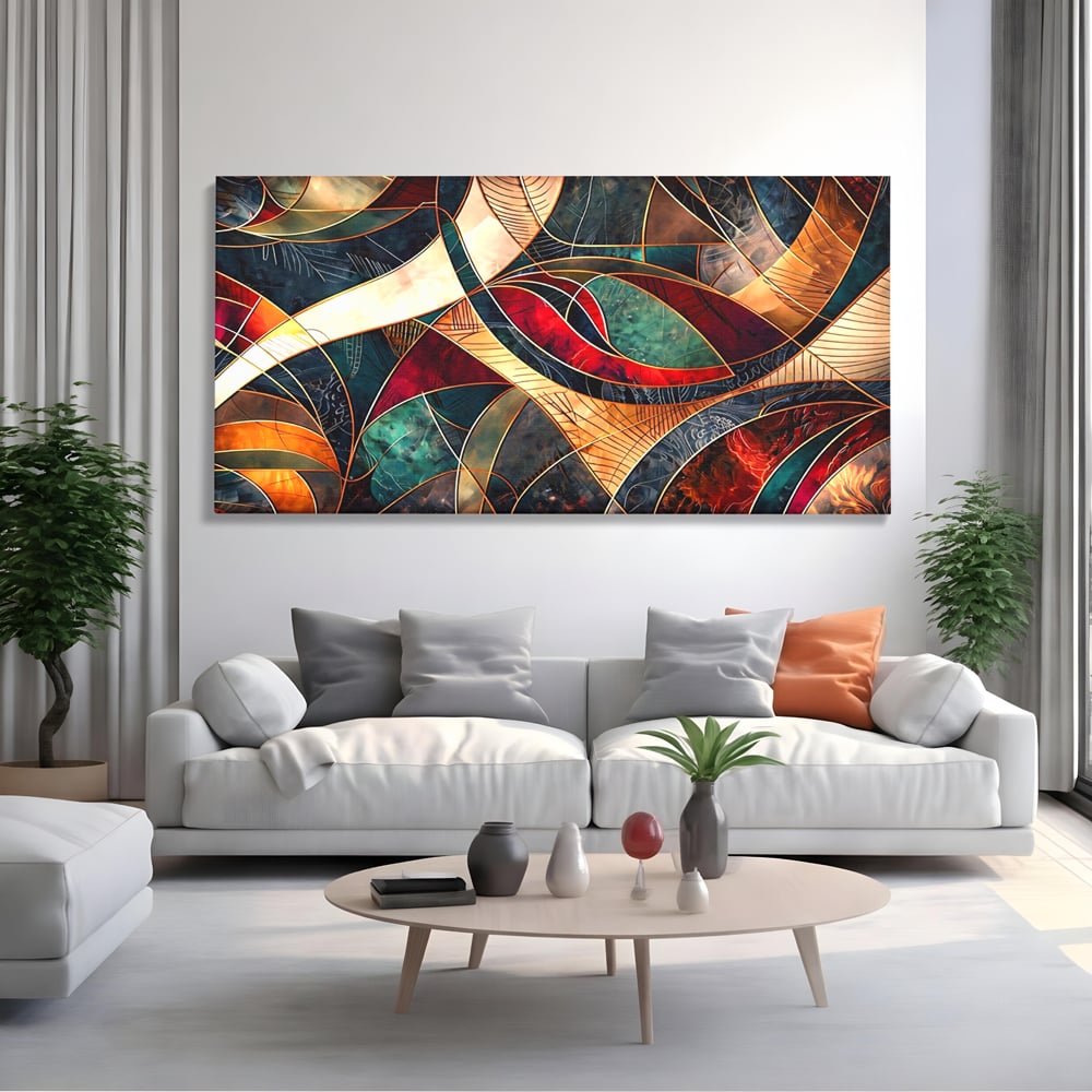 Tablou canvas cu tablou abstract cu linii aurii, fara rama, pe sasiu de lemn, pe perete intr-un living